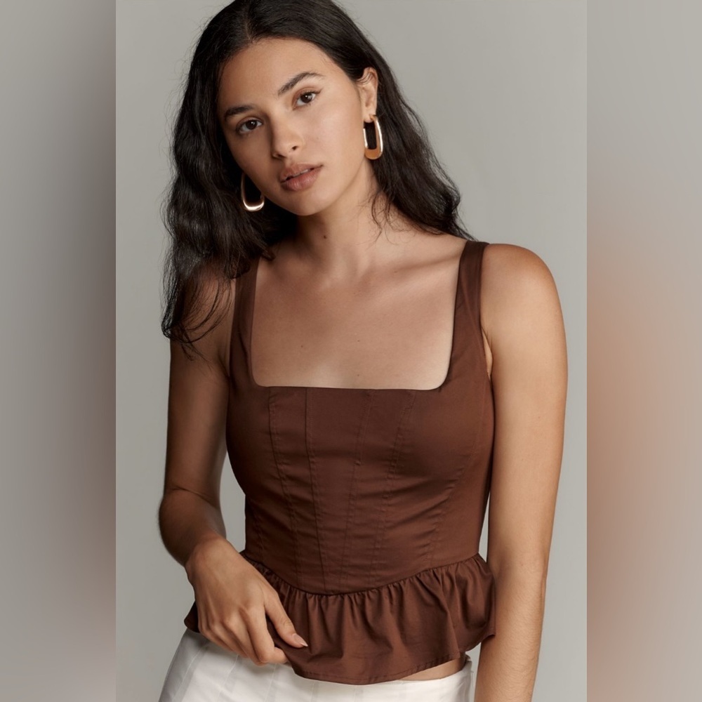 NWT Anthropologie Square Neck Corset Peplum Tank Brown size XL